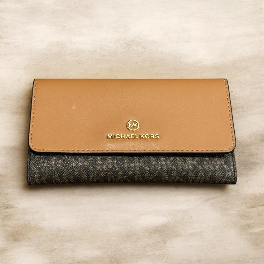 Michael Kors Tan and Brown Signature Flap Wallet